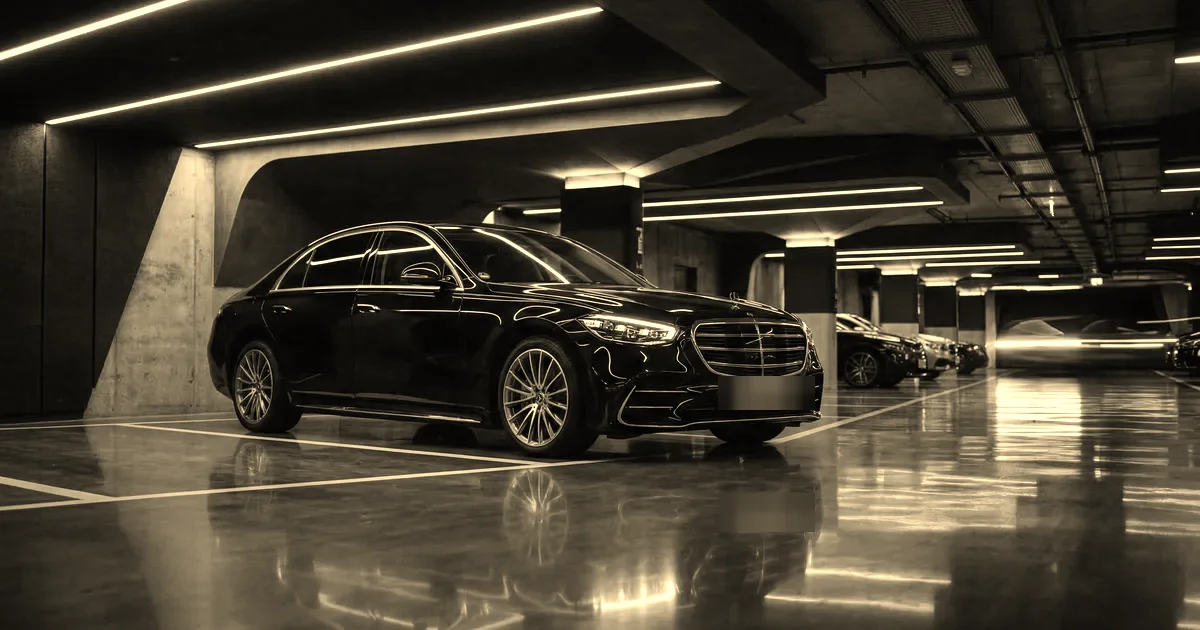 Berline Mercedes Classe S noire dans un parking souterrain aux lignes lumineuses, traitement sépia presse B2B