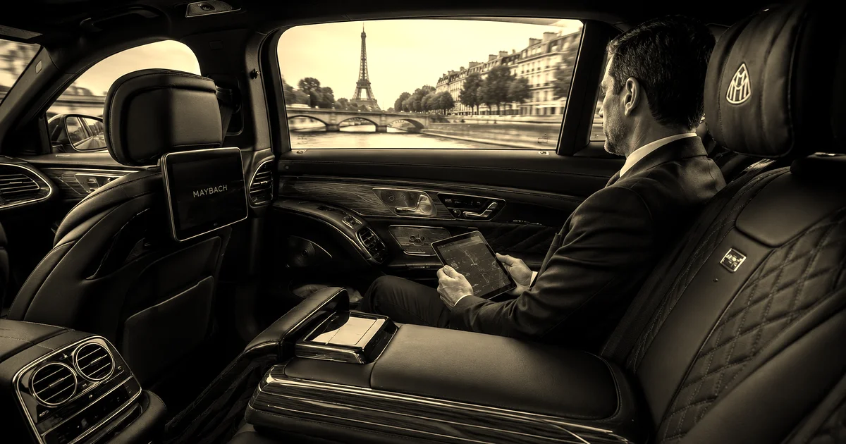 Plateau d’accueil sur la table d’un Mercedes Classe V grande remise, serviettes, chocolats et magazines presse premium, intérieur cuir matelassé, lumière nocturne urbaine en arrière-plan
