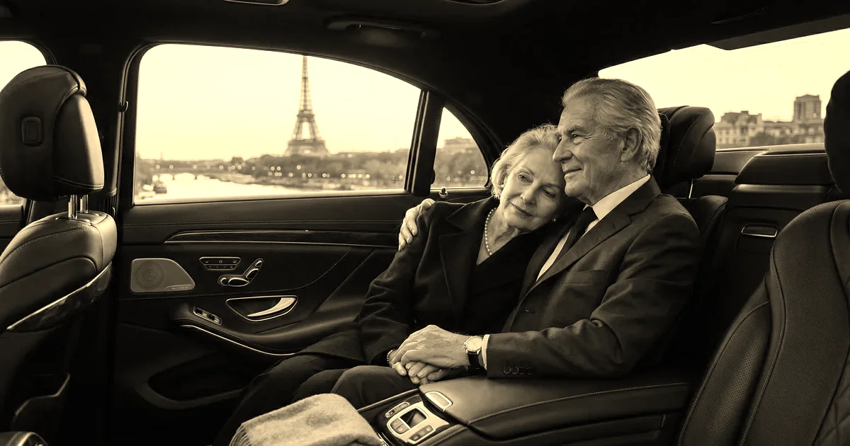 Couple de voyageurs internationaux à l’arrière d’une berline premium face à la tour Eiffel au crépuscule, traitement sépia presse B2B