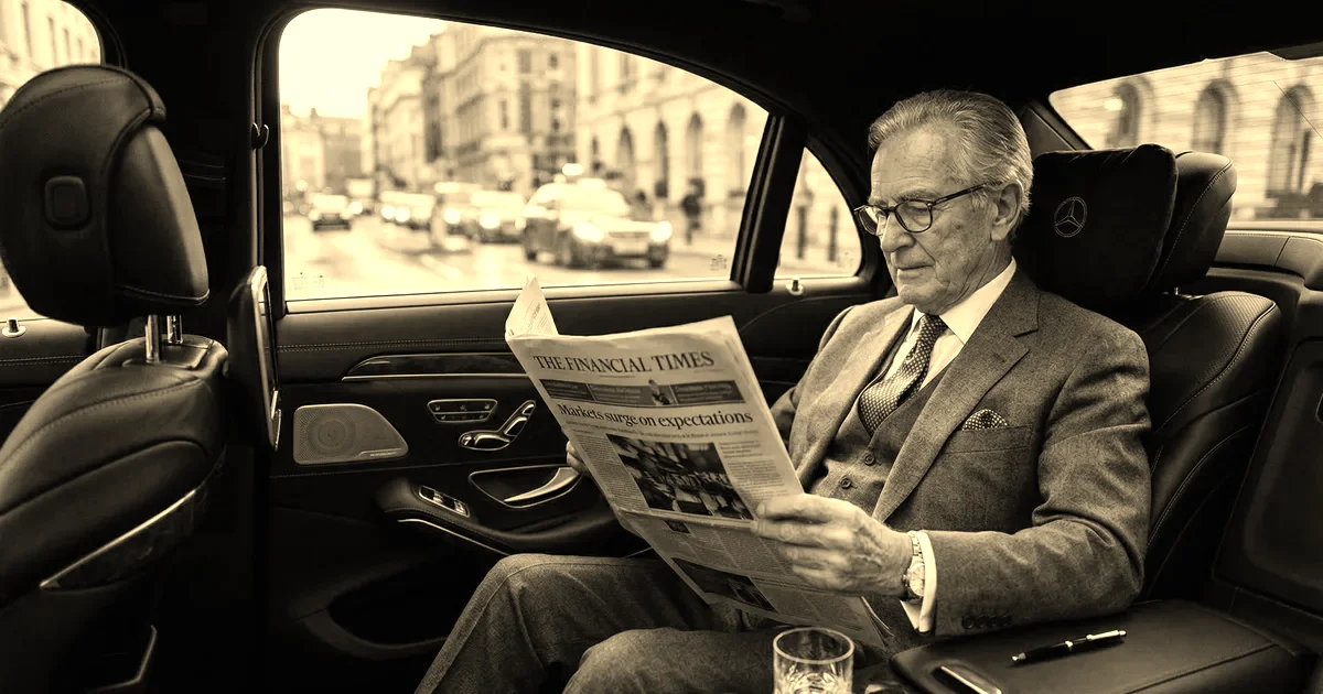 Passager en costume lisant la presse économique à l’arrière d’une berline de représentation, traitement sépia