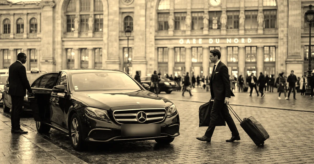 Chauffeur en costume tenant la portière arrière d’une berline arrêtée en bordure devant la gare du Nord, voyageur et piétons sur le parvis pavé, traitement sépia presse B2B