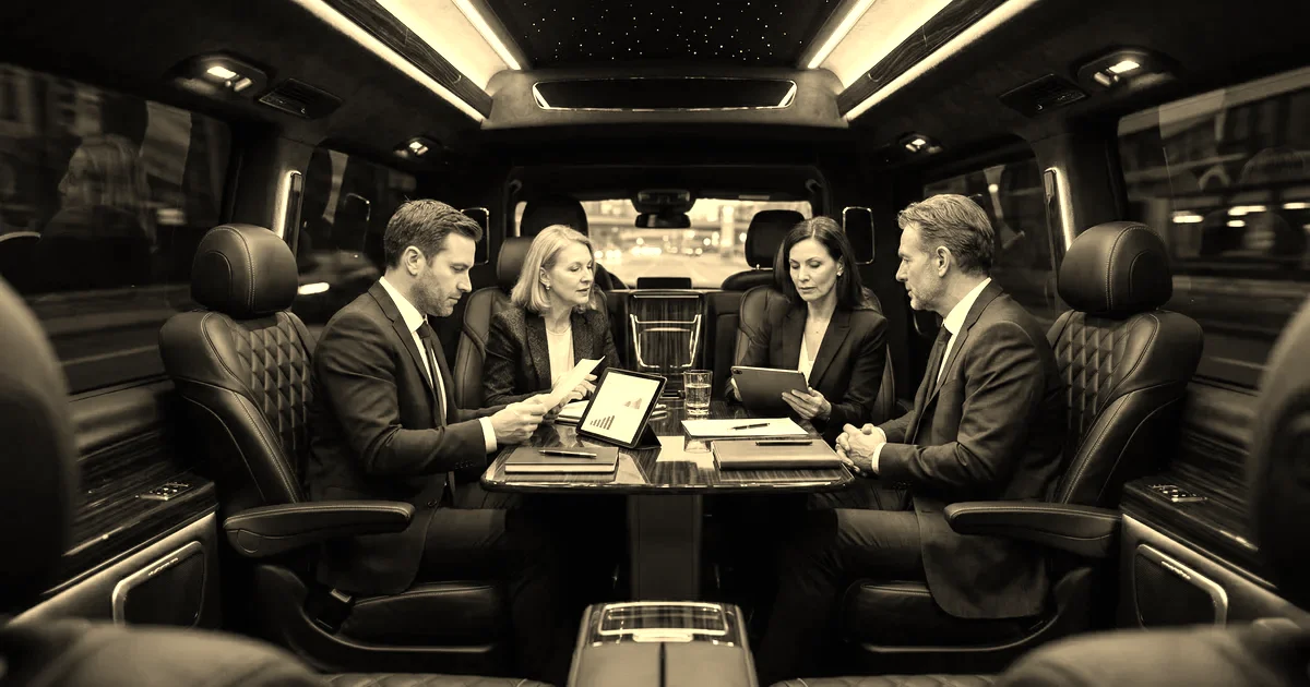 Réunion d'affaires dans un véhicule de luxe — marché mondial du transport avec chauffeur
