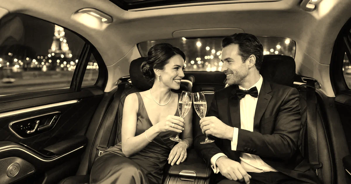 Couple en tenue de soirée à bord d’une berline avec chauffeur, Tour Eiffel illuminée en arrière-plan