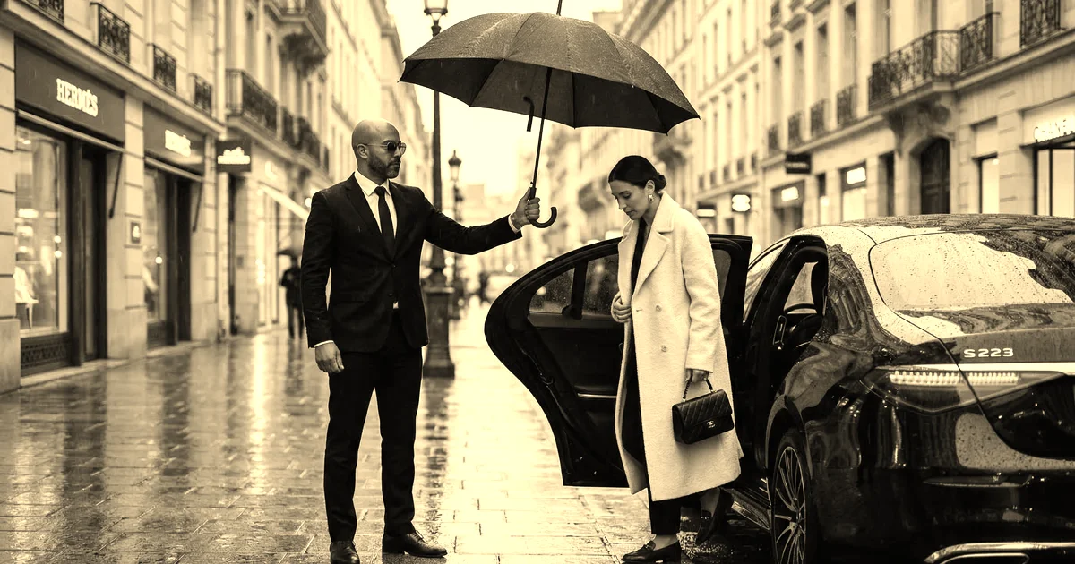 Chauffeur en costume tenant un parapluie au-dessus d’une passagère descendant d’une berline sous la pluie, rue parisienne, traitement sépia presse B2B