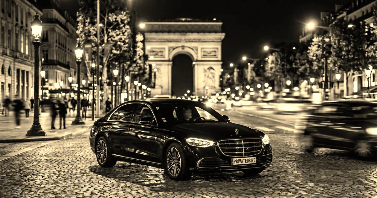 Mercedes Classe S noire sur l’avenue des Champs-Élysées à la tombée du jour, Arc de Triomphe au loin, traitement sépia presse B2B