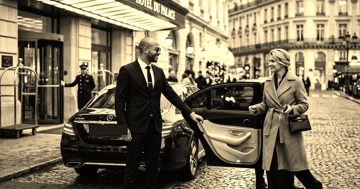 Chauffeur en costume ouvrant la portière arrière d’une berline devant l’entrée éclairée d’un établissement de prestige parisien, cliente en manteau clair tenant un sac à main, pavés mouillés, traitement sépia presse B2B