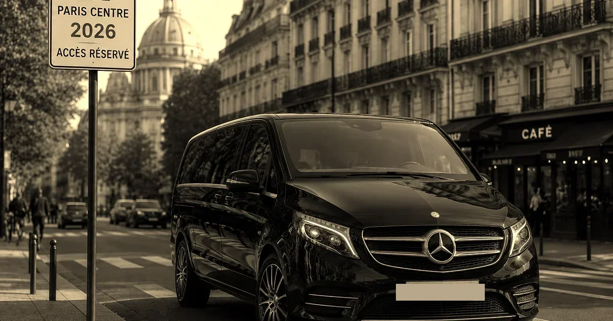 Mercedes Classe S en circulation face à Notre-Dame de Paris sur l’Île de la Cité au coucher du soleil, traitement sépia presse B2B
