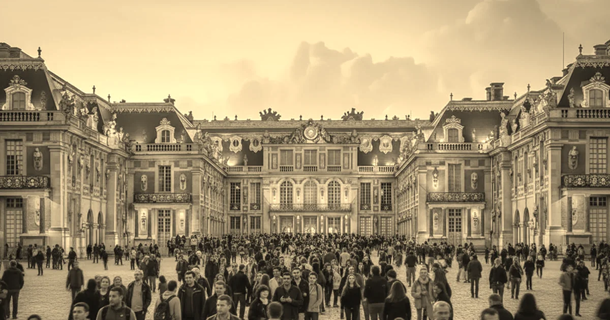 Foule dense dans la cour d’honneur du château de Versailles au crépuscule, façades éclairées, traitement sépia