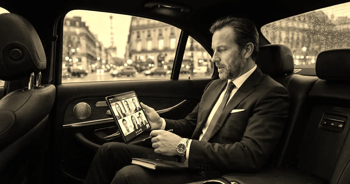 Executive on a video call from a tablet in the rear seat of a chauffeured sedan, sepia B2B press treatment