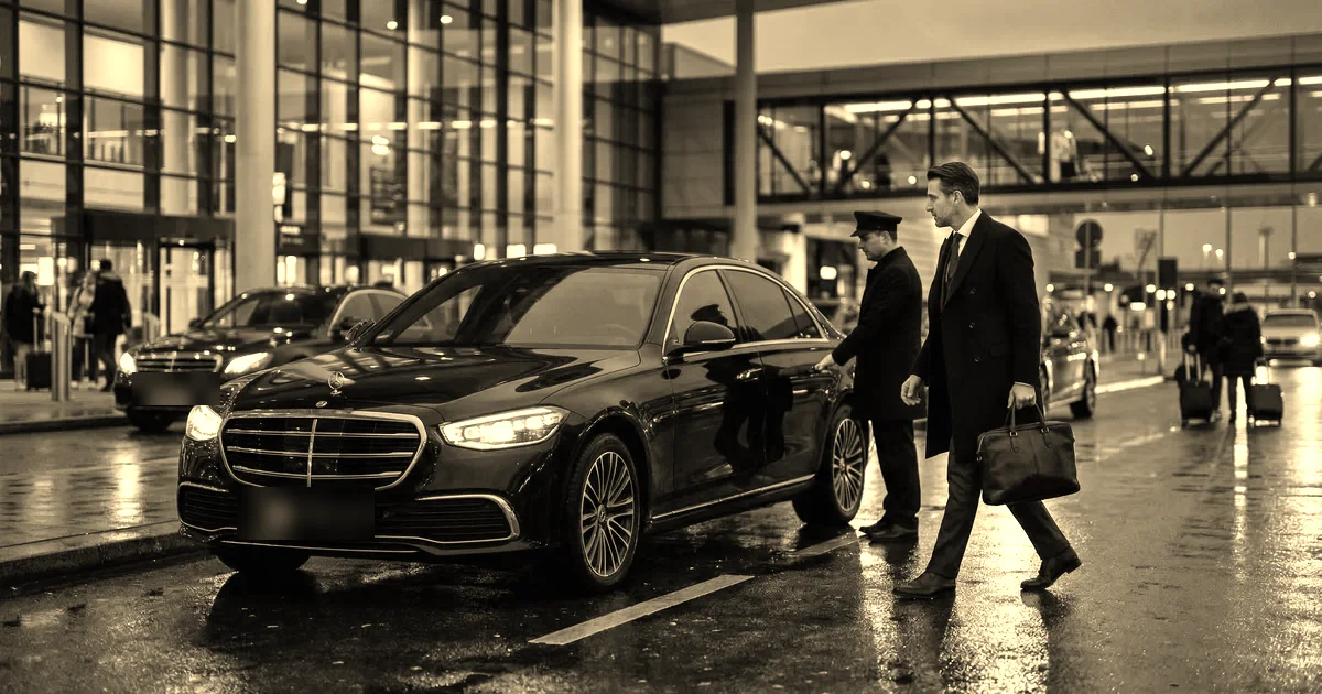 Chauffeur en uniforme accueillant un client d'affaires près d'une berline noire en zone d'arrivée d'aéroport, traitement sépia presse B2B