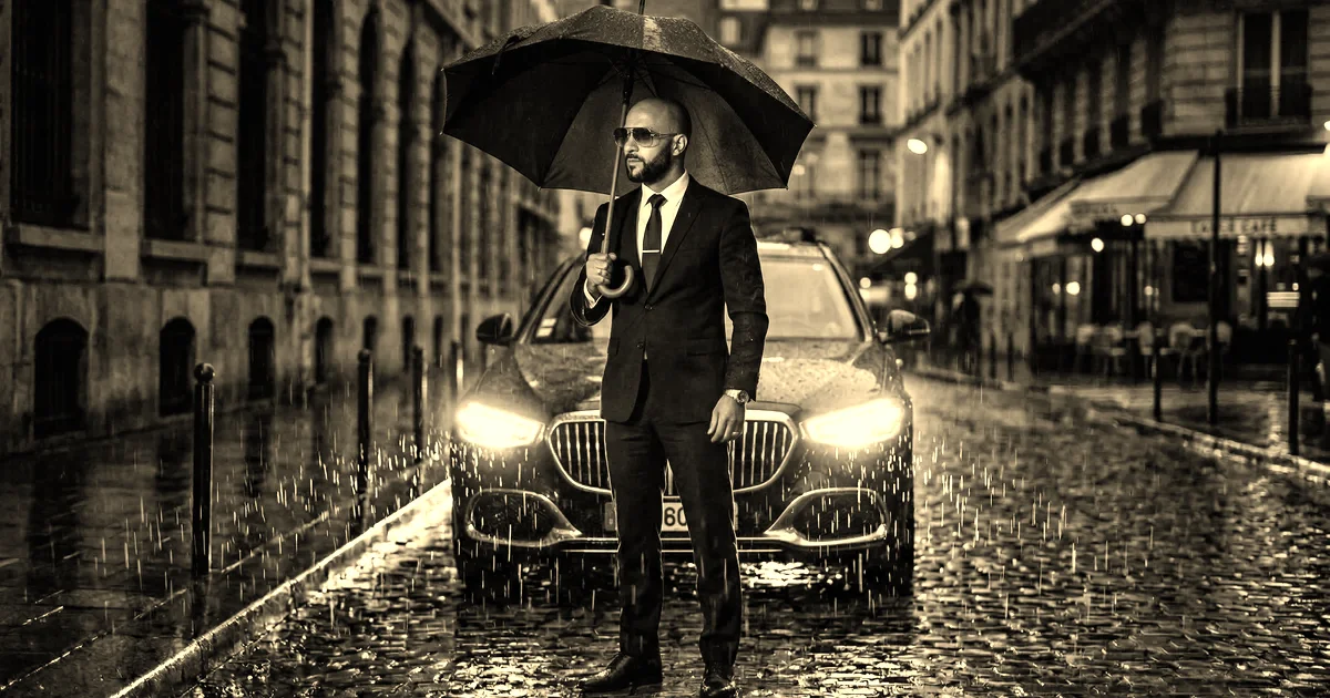 Chauffeur professionnel en costume sombre devant une berline Mercedes-Maybach sur une rue pavée parisienne sous la pluie, traitement sépia presse B2B