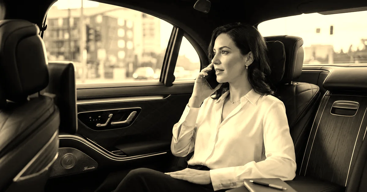 Passagère corporate au téléphone à l’arrière d’une berline avec chauffeur, lumière de fin de journée