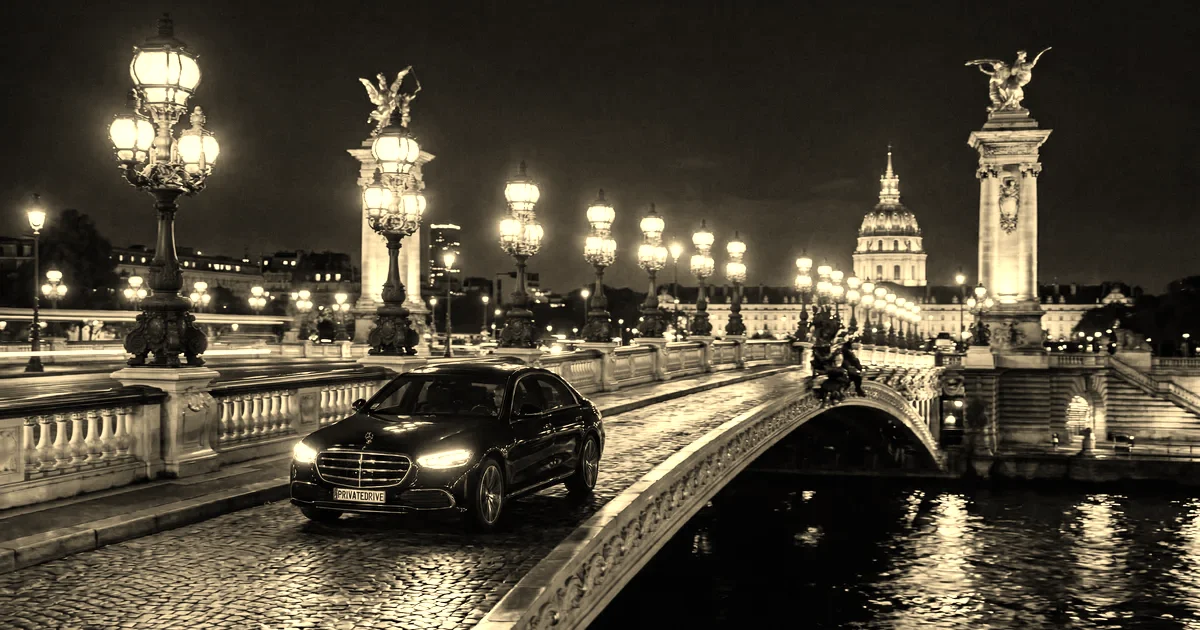 Berline de grande remise dans une ambiance parisienne nocturne le long de la Seine