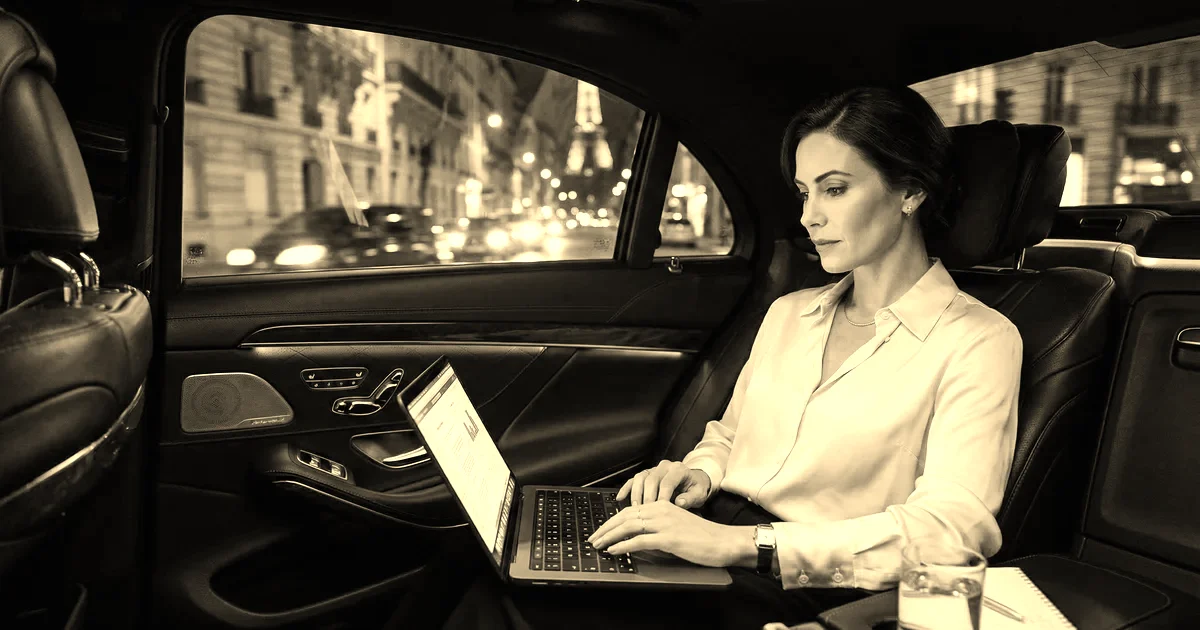 Cadre en déplacement professionnel travaillant sur ordinateur portable à l'arrière d'une berline avec chauffeur, Paris de nuit, traitement sépia presse B2B