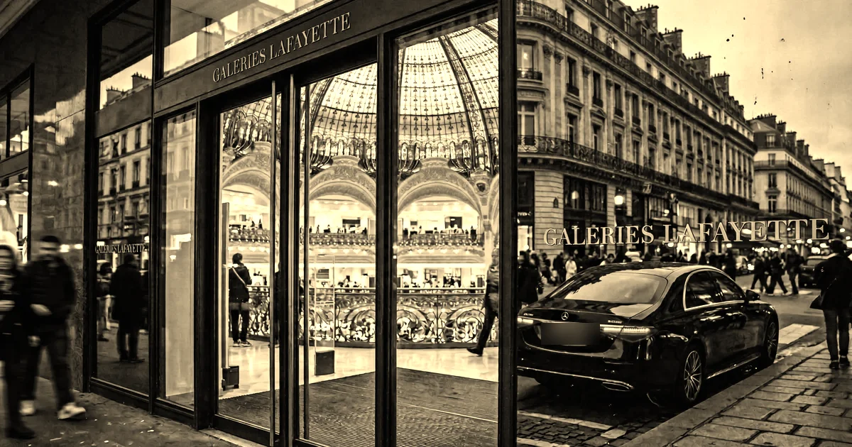 Berline noire à l’arrêt devant les Galeries Lafayette illuminées boulevard Haussmann à la tombée du jour, traitement sépia presse B2B