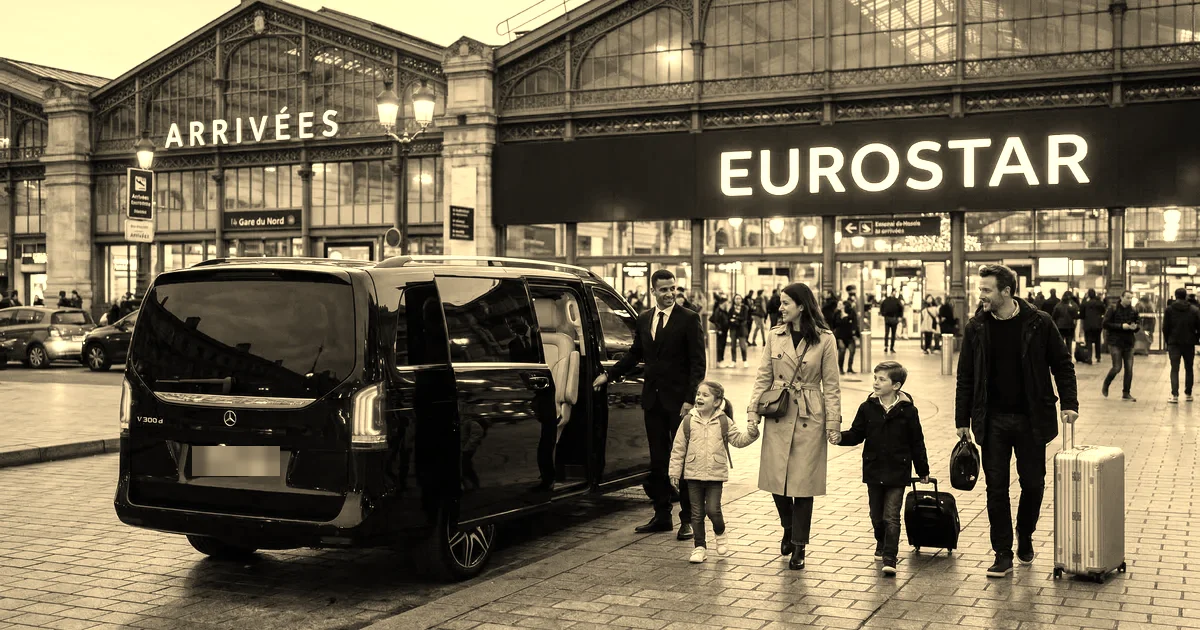 Monospace noir avec chauffeur, porte coulissante ouverte, famille de quatre personnes avec valises devant l’entrée Eurostar de la gare du Nord, traitement sépia