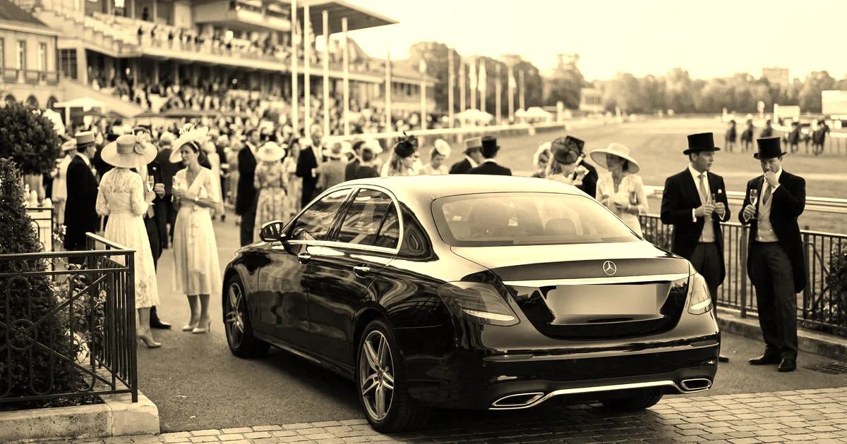 Berline Mercedes noire avec chauffeur déposant une clientèle élégante à l’entrée d’un hippodrome parisien à l’heure dorée, traitement sépia presse B2B